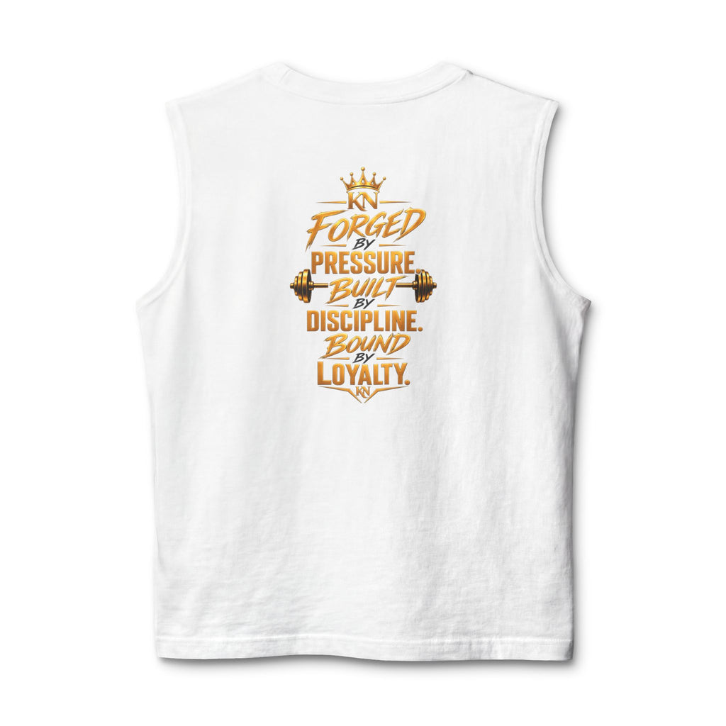 Muscle Tank — KN Apparel Gold Crown Logo & “Forged by Pressure” Motivational Gym Tank