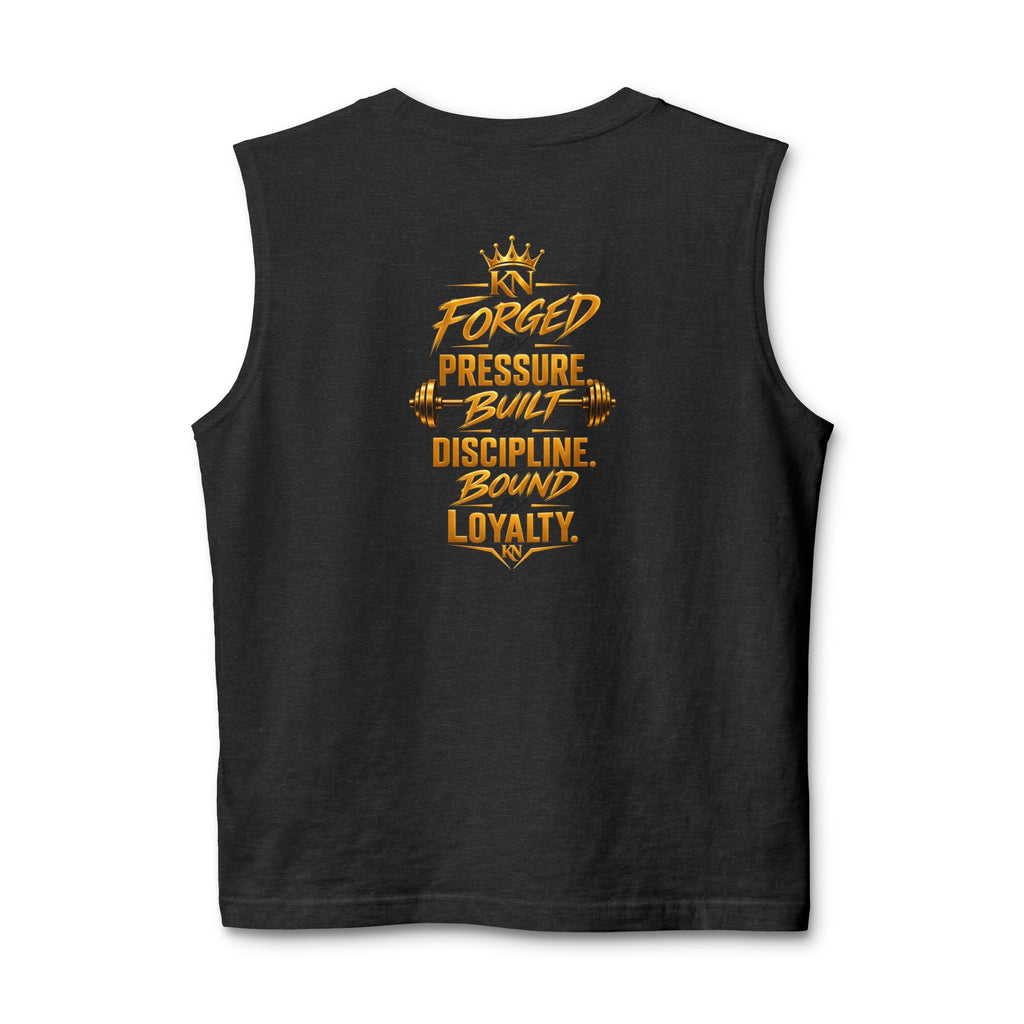 Muscle Tank — KN Apparel Gold Crown Logo & “Forged by Pressure” Motivational Gym Tank