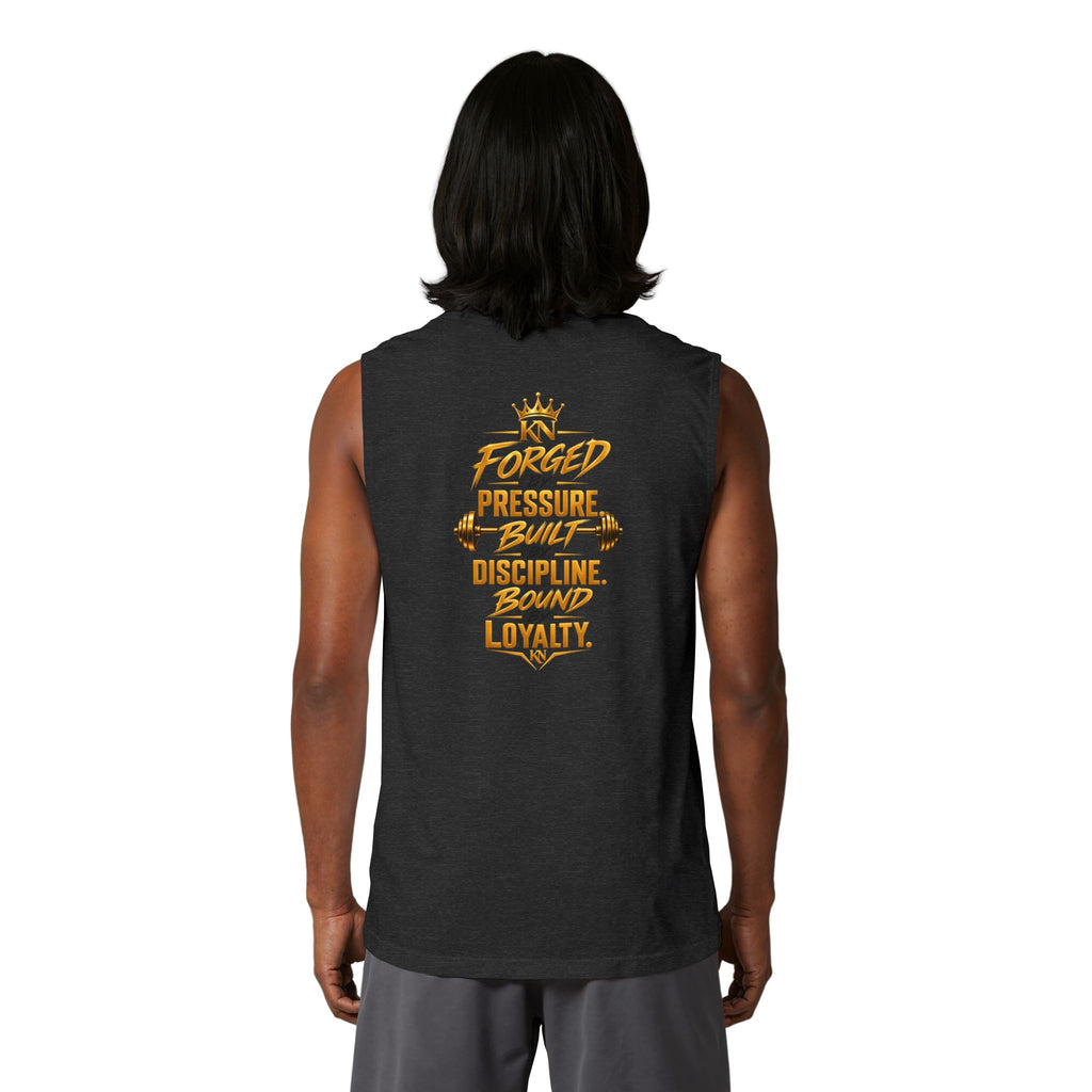 Muscle Tank — KN Apparel Gold Crown Logo & “Forged by Pressure” Motivational Gym Tank