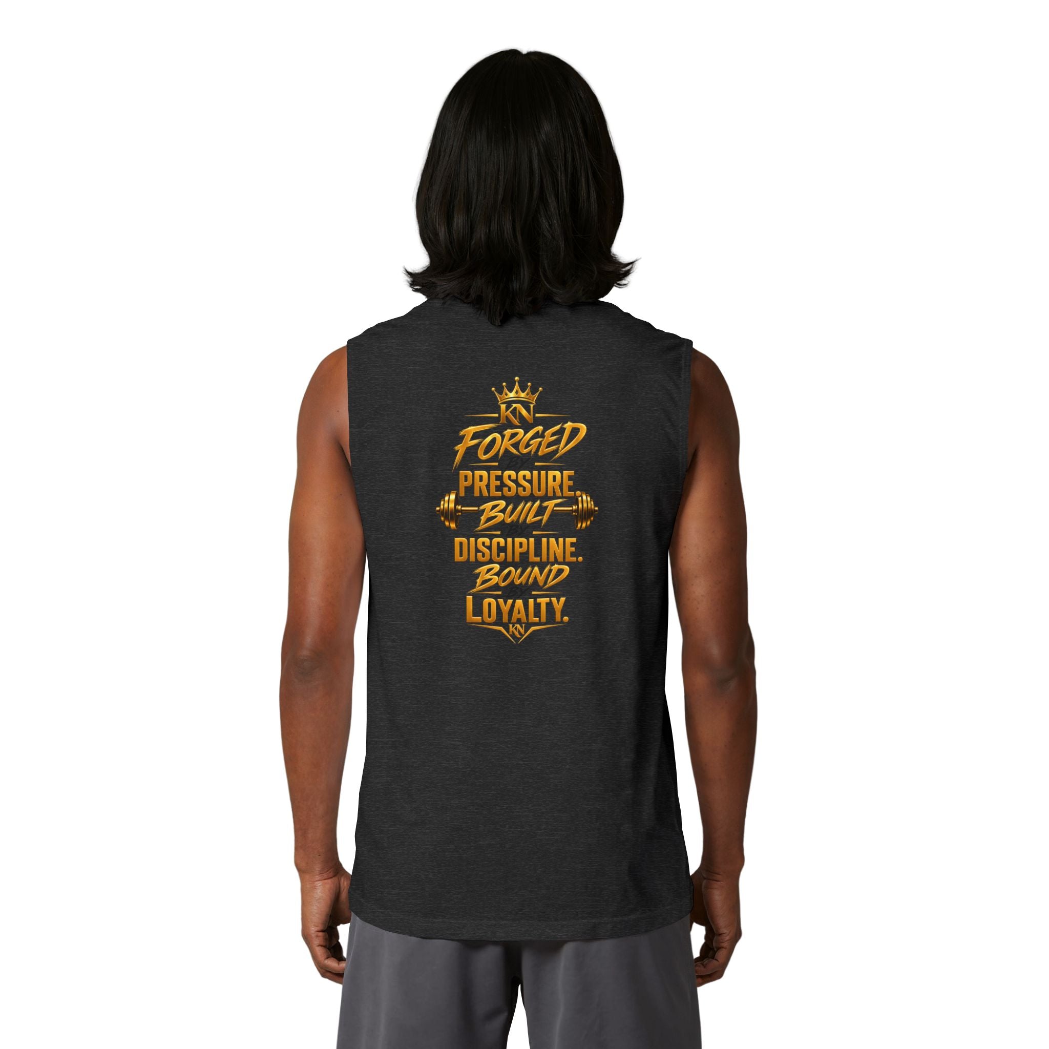 Muscle Tank — KN Apparel Gold Crown Logo & “Forged by Pressure” Motivational Gym Tank