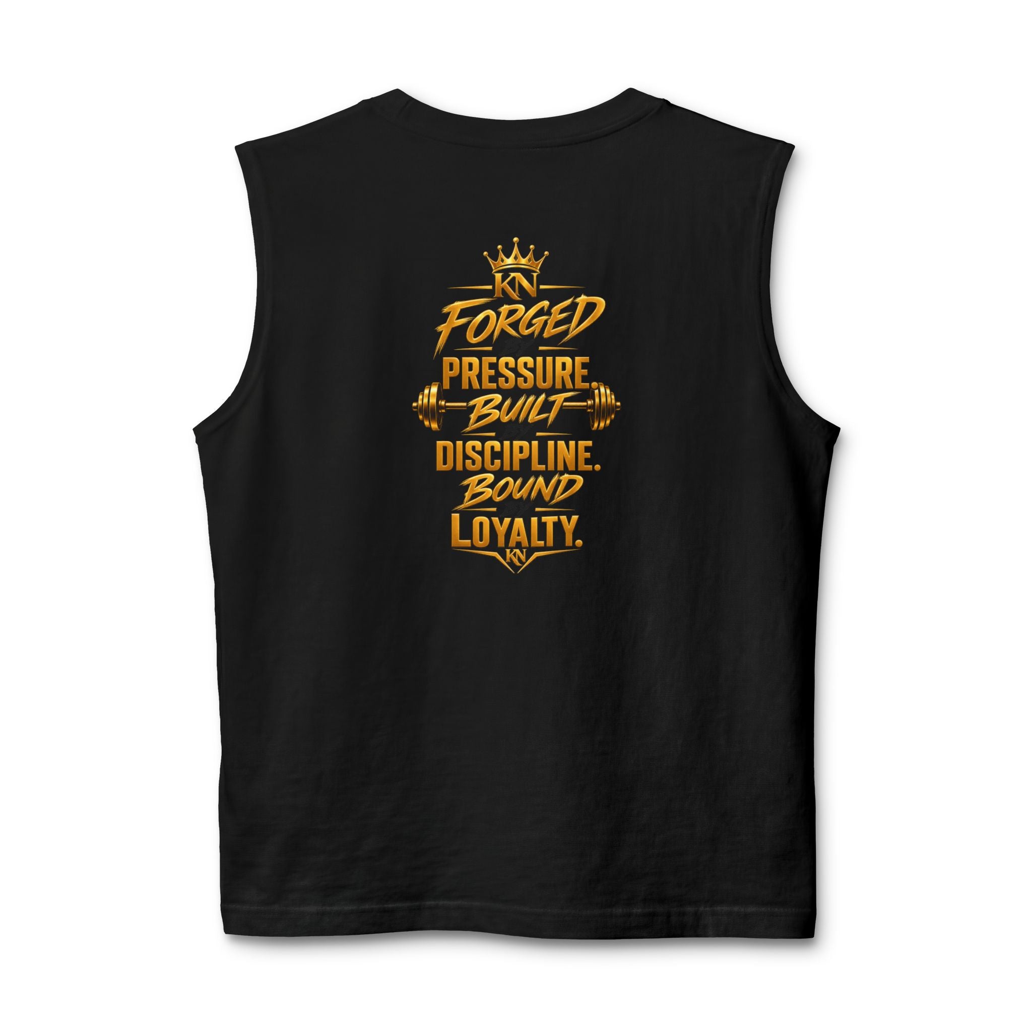 Muscle Tank — KN Apparel Gold Crown Logo & “Forged by Pressure” Motivational Gym Tank