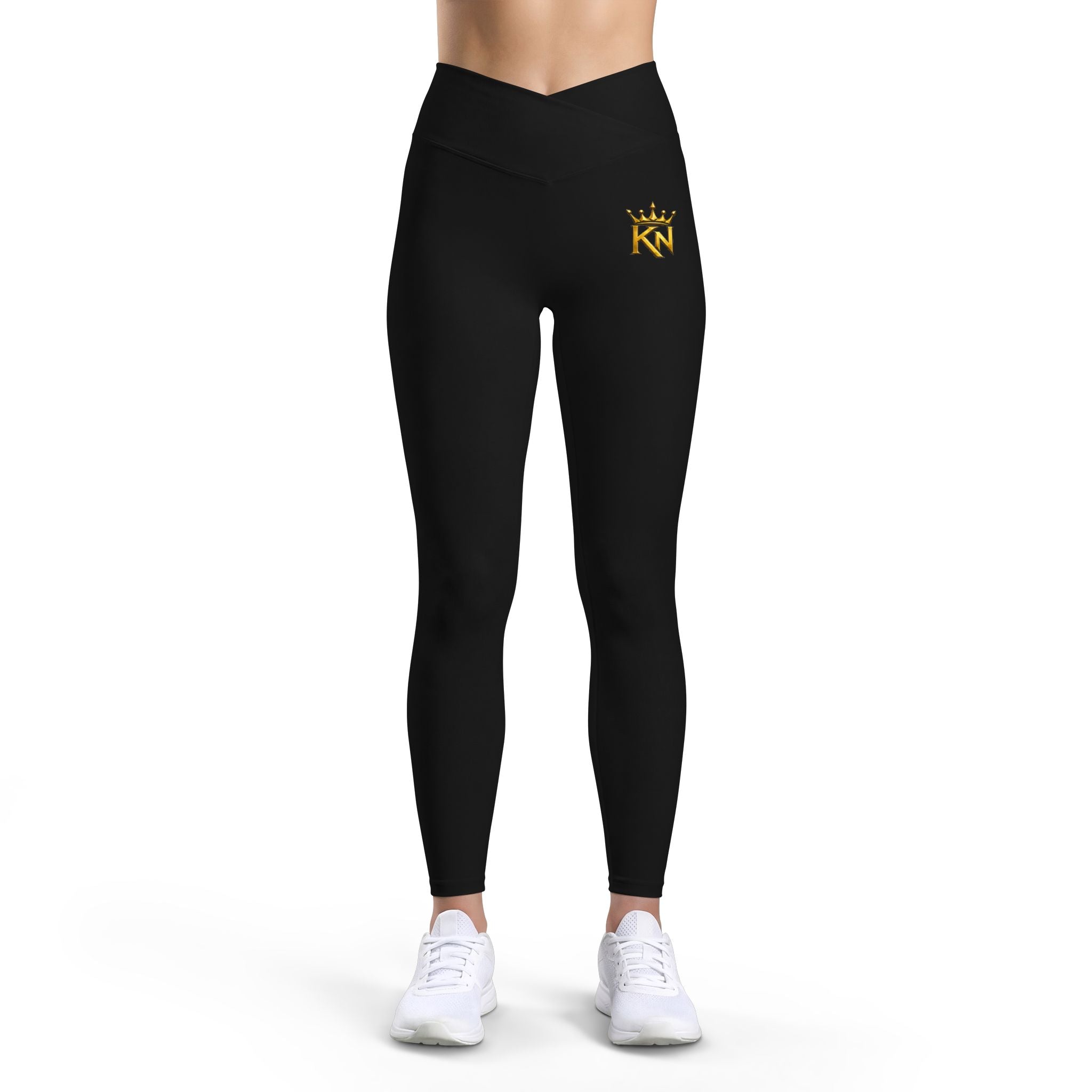 Women’s Luxe Leggings — Black High-Waist Activewear with Gold 'KN' Crown Logo