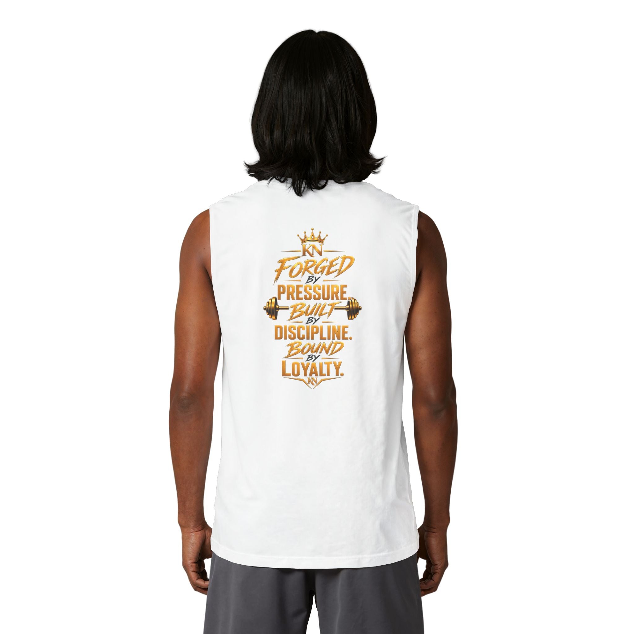 Muscle Tank — KN Apparel Gold Crown Logo & “Forged by Pressure” Motivational Gym Tank
