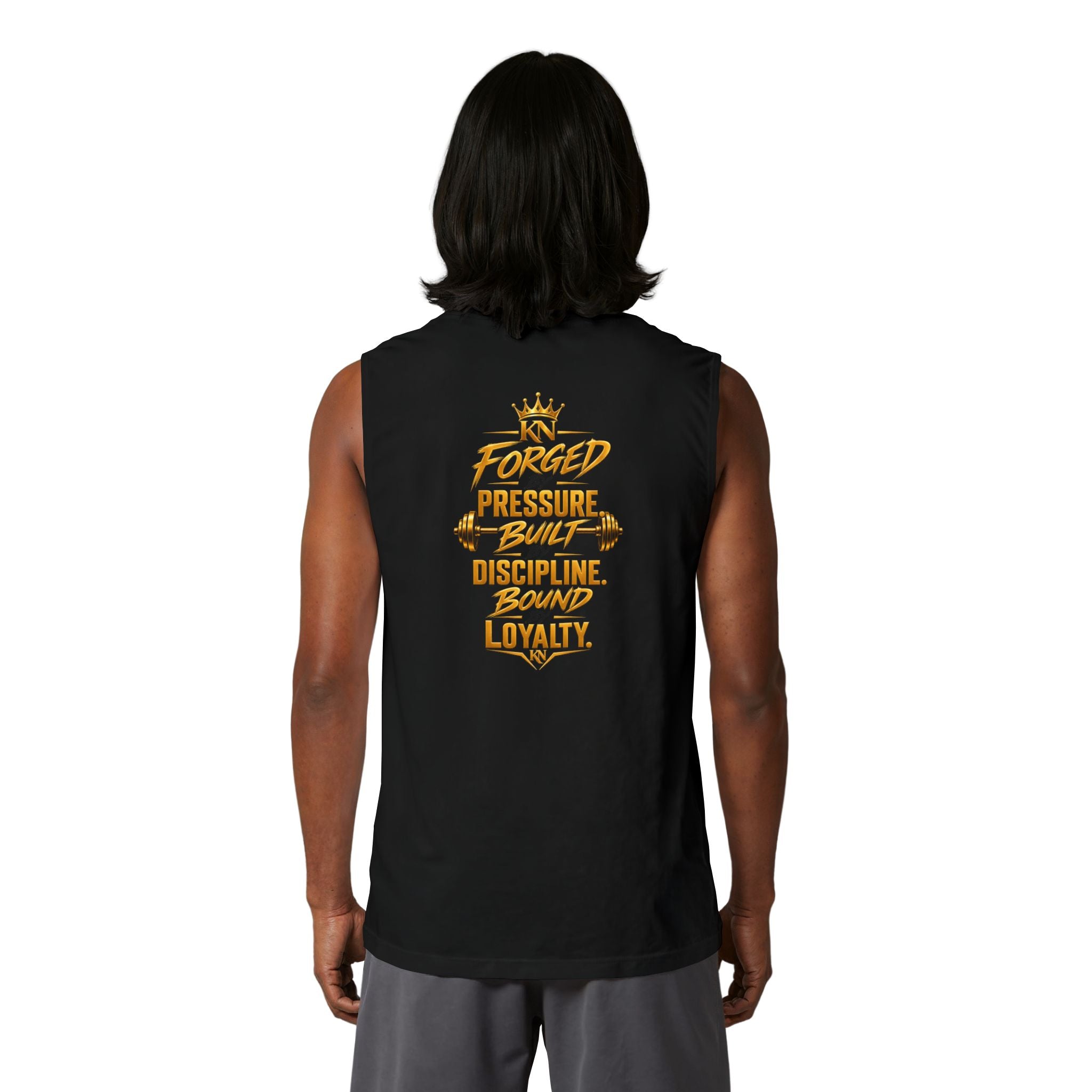 Muscle Tank — KN Apparel Gold Crown Logo & “Forged by Pressure” Motivational Gym Tank